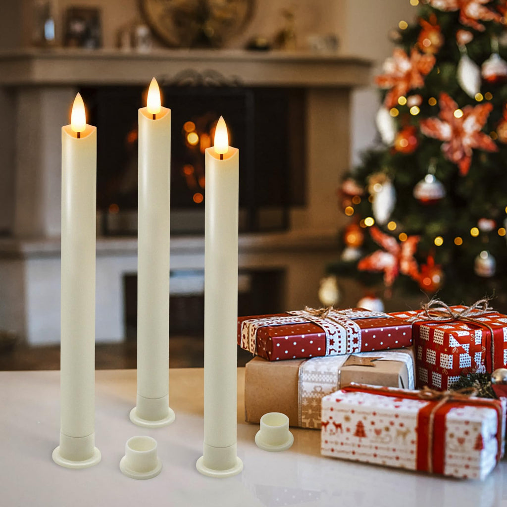 Bighfue LED Flameless Candle, 3D Flickering Taper Battery Operated Candle with Remote Control 10-Key Button, Real Wax 6-Pack for Mantel Christmas Wedding Gift Decoration (Ivory, 0.78 W''9.6 H'')