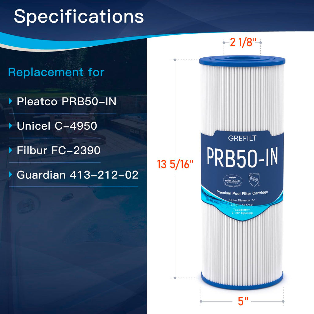 Grefilt C-4950 Hot Tub Filter Compatible with PRB50-IN Hot Tub Filter, Filbur FC-2390, J200, Guardian 413-212-02, 5X13 Drop in, 50 sq.ft, 2-Pack