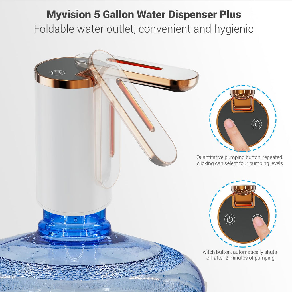 Myvision Water Dispenser for 5 Gallon Bottle, Portable USB Charging Electric Water Pump, Drinking Water Jug Pump for Home, Kitchen, Living Room, Office, Camping, Universal for 3-5 Gallon (Plus W)