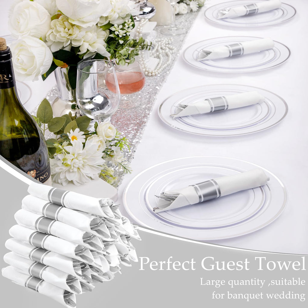 Supernal 30 Pack Silver Plastic Silverware,Rolled Plastic Silverware,Pre Rolled Napkins with Plastic Cutlery Set,Wrapped Plastic Cutlery Set with Napkin,Silver Plastic Forks,Disposable Dinnerware Set