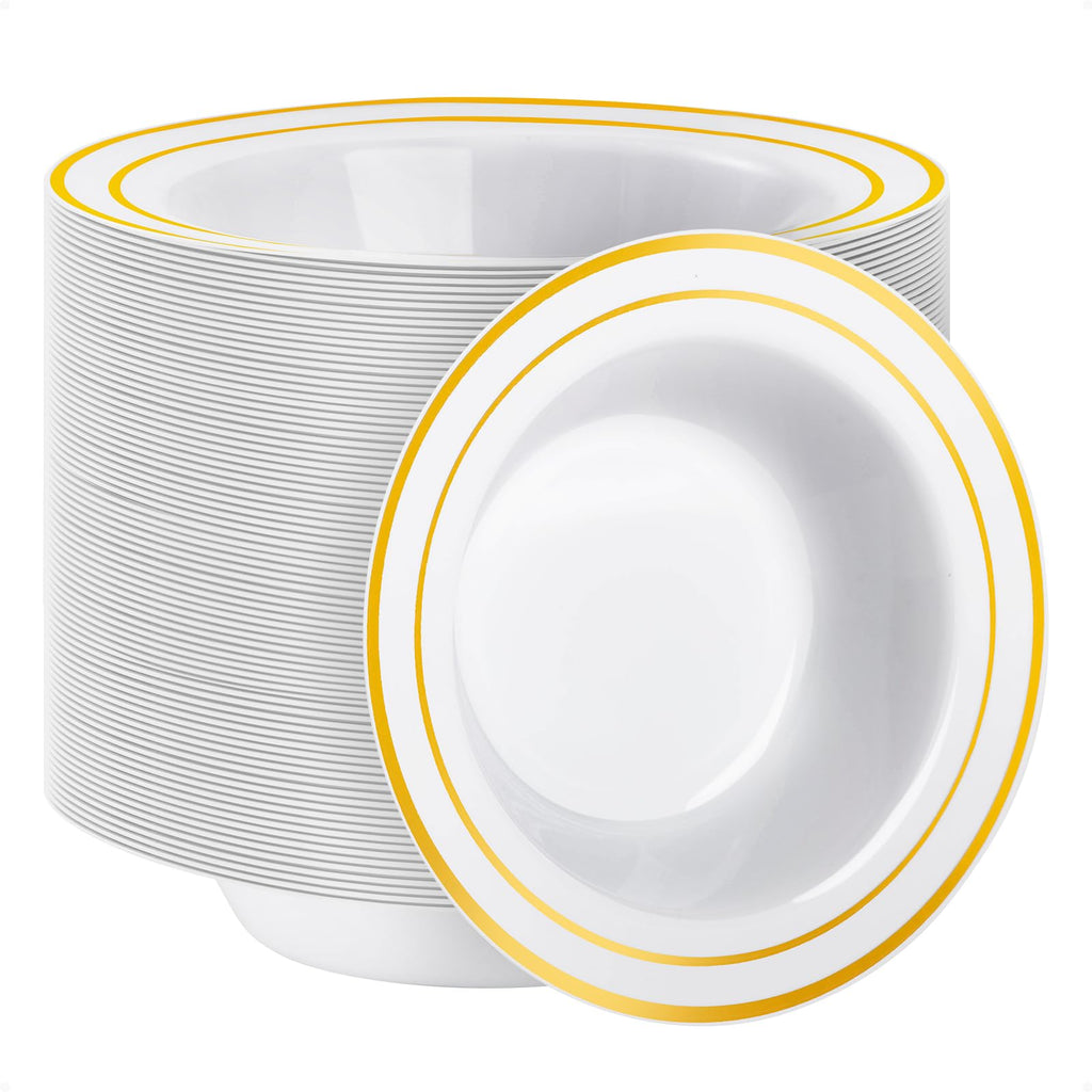 Goodluck 100 Pack Plastic Bowls with Gold Rim, 12oz Disposable Soup Bowls, Heavy Duty Dessert Bowls for Weddings, Parties, Dinners, Catering, and Everyday Use