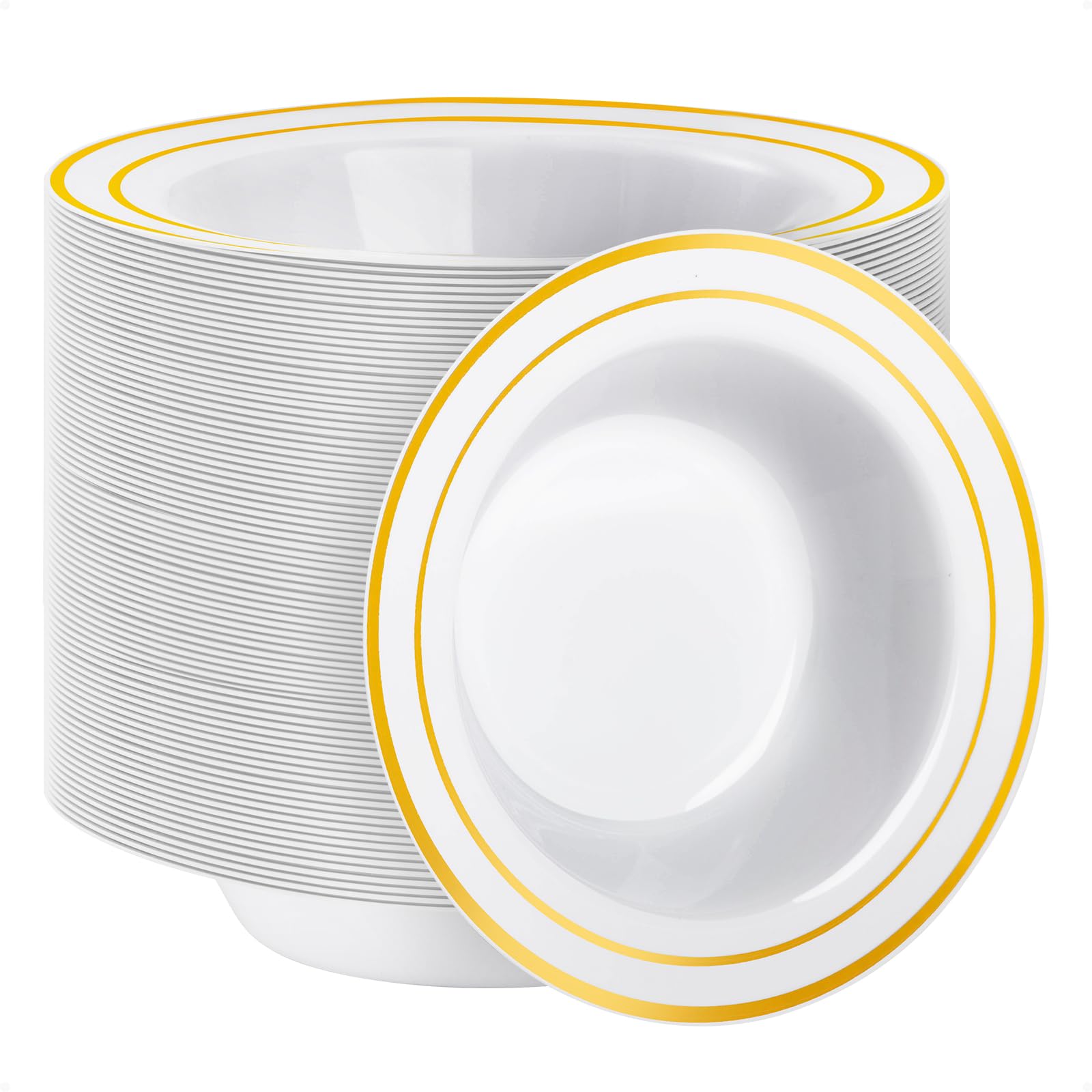 Goodluck 100 Pack Plastic Bowls with Gold Rim, 12oz Disposable Soup Bowls, Heavy Duty Dessert Bowls for Weddings, Parties, Dinners, Catering, and Everyday Use