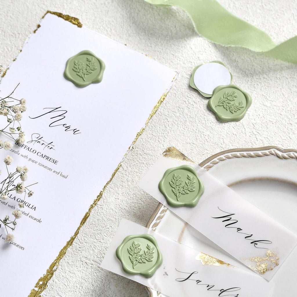 UNIQOOO Wax Seal Stickers - Eucalyptus Wedding Invitation Envelope Seal Stickers, 100 Pcs Self- Adhesive Sage Green Stickers, Perfect for Invitation, Christmas, Gift Wrapping, Party