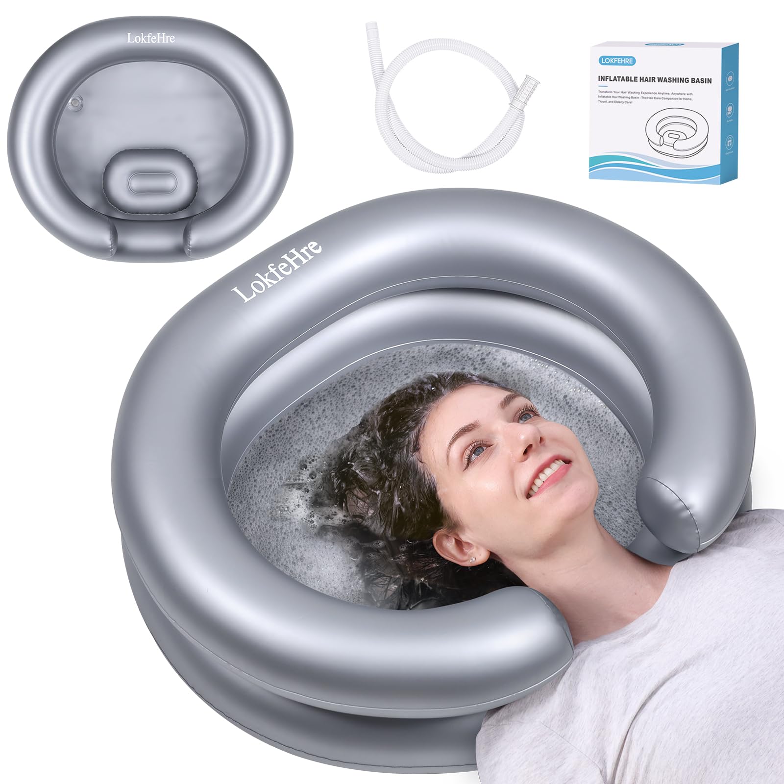 LOKFEHRE Large Portable Inflatable Hair Washing Basin for Bedridden - Wash Hair in Bed with Inflatable Shampoo Bowl.For Elderly,Disabled,Injured,Ideal Inflatable Sink for Locs Detox (Silvery)