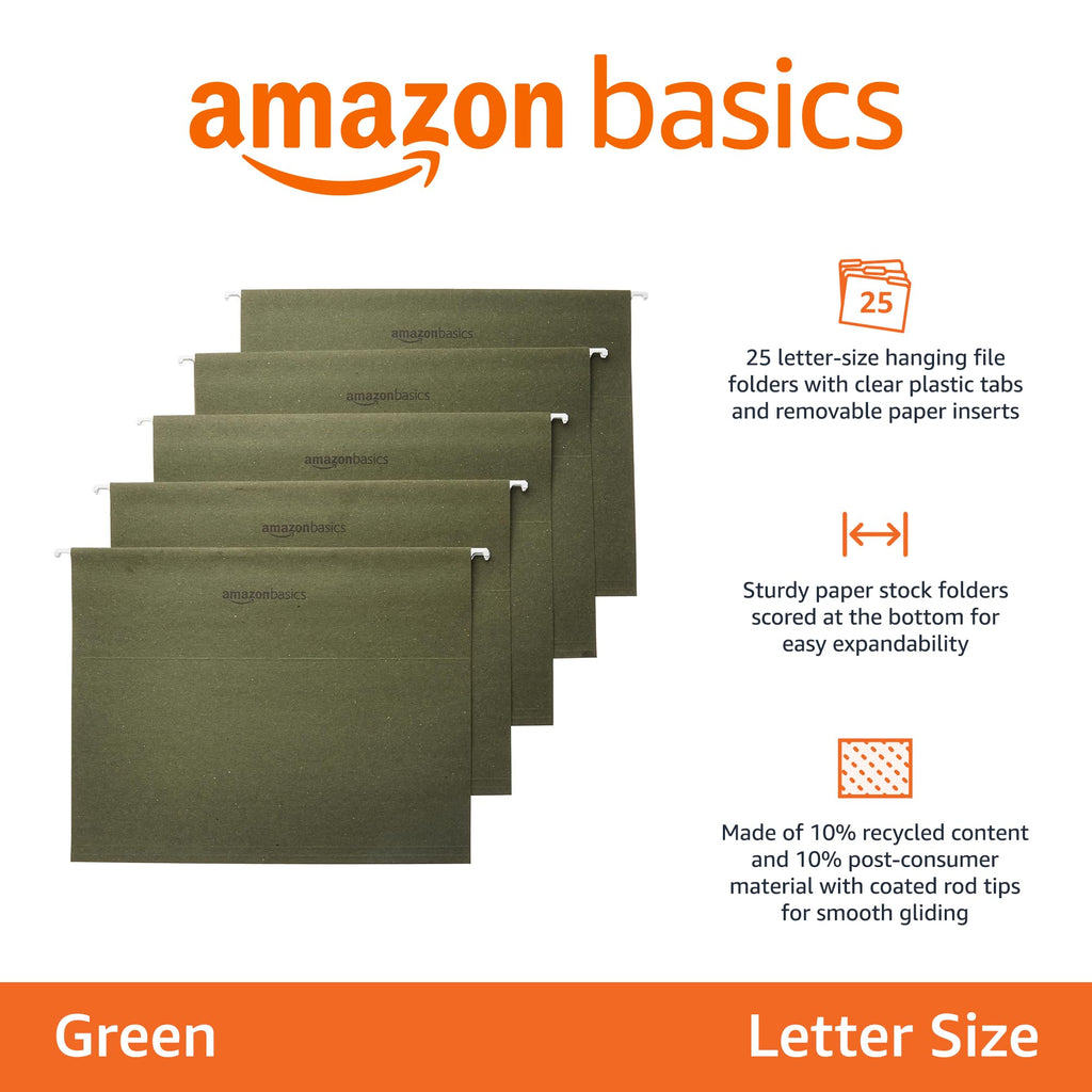 Amazon Basics Hanging Organizer File Folder, Letter Size, Green - Pack of 25