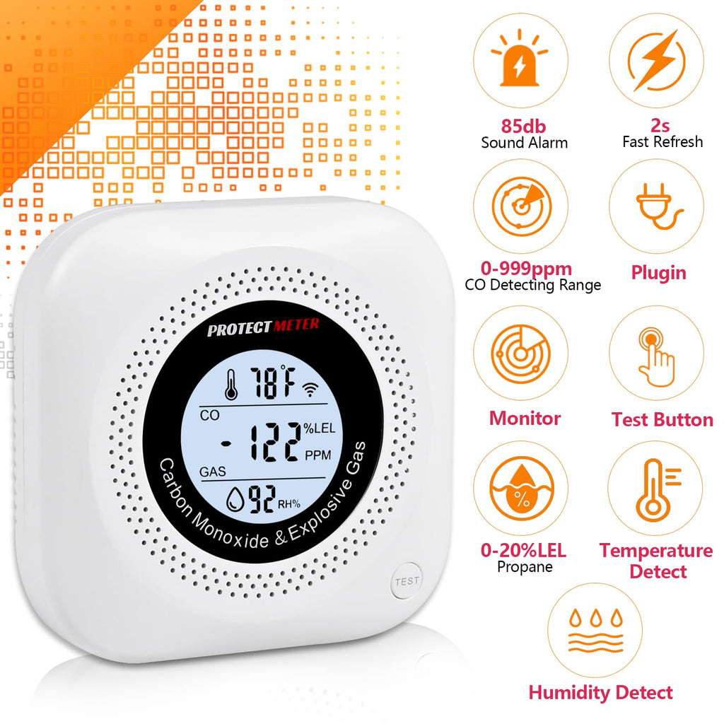 Carbon Monoxide Detectors, 2Pack 4-in-1 Natural Gas Leak Detector & Temperature/Humidity Monitor