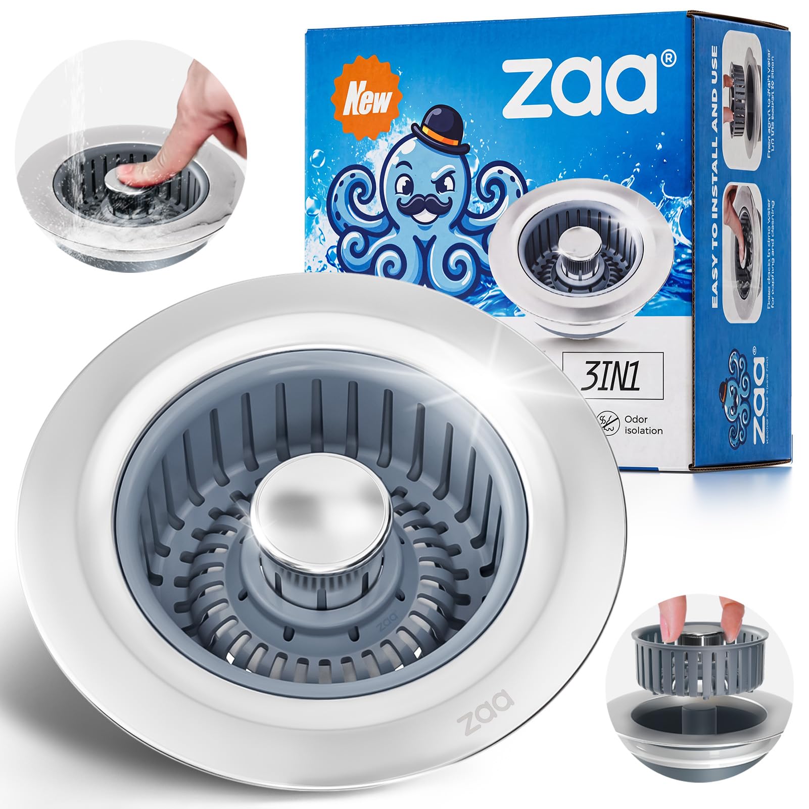Sink Drain Strainer - Sink Stopper Kitchen Drain, 3 in 1 Kitchen Sink Drain Strainer with Anti-Clogging Basket, Kitchen Gadgets Clearance Sink Accessories, Fit US Standard 3-1/2'' Sink Hole, Silver