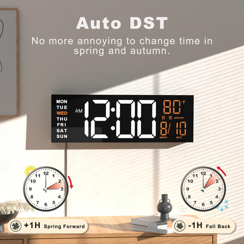 JALL 16" Large Digital Wall Clock Timer, Remote Controll, 2 Alarms, LED Display, 8 RGB Color, Auto DST, Temperature for Living Room, Bedroom, Desk, Mounted, Gift for Elderly (White Orange, 16 inches)