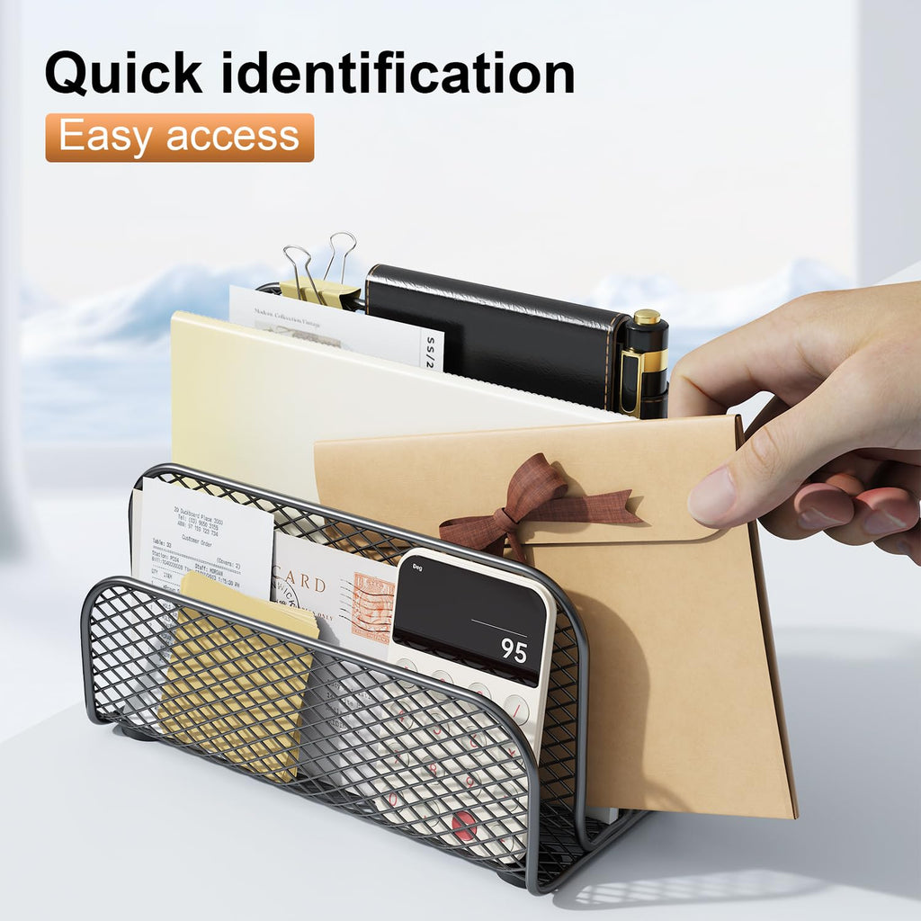 Mail Organizer Countertop, Book Shelf,Metal File Holder with 3-Slot, Book Shelf, Bill Organizer for Office Receipts and Letter Paper Storage (Black)