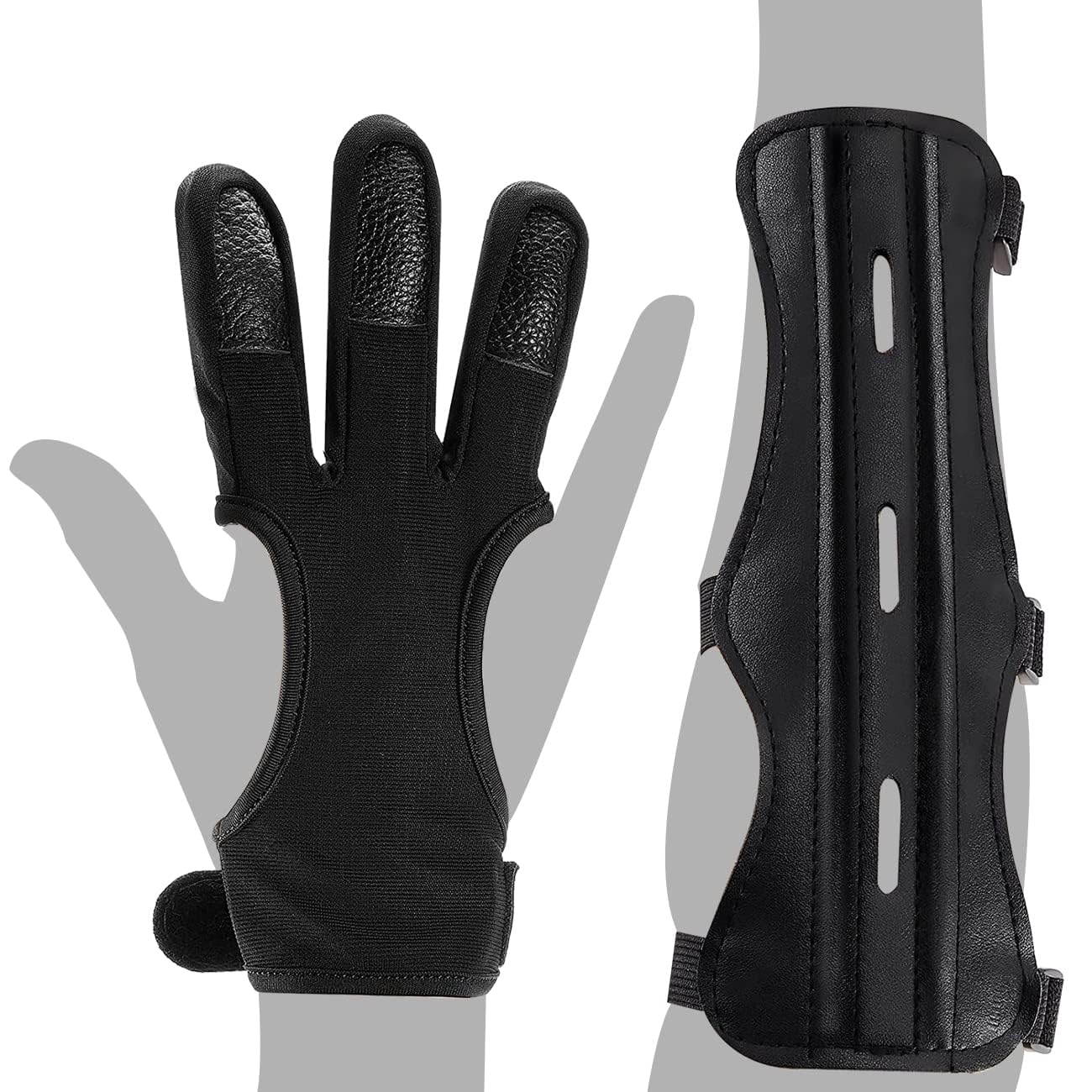 2 Pcs Archery Glove & Arm Guard Kit Leather PU Archery Bracer Three Finger Guard Protective Gear Accessories for Men Women & Youth