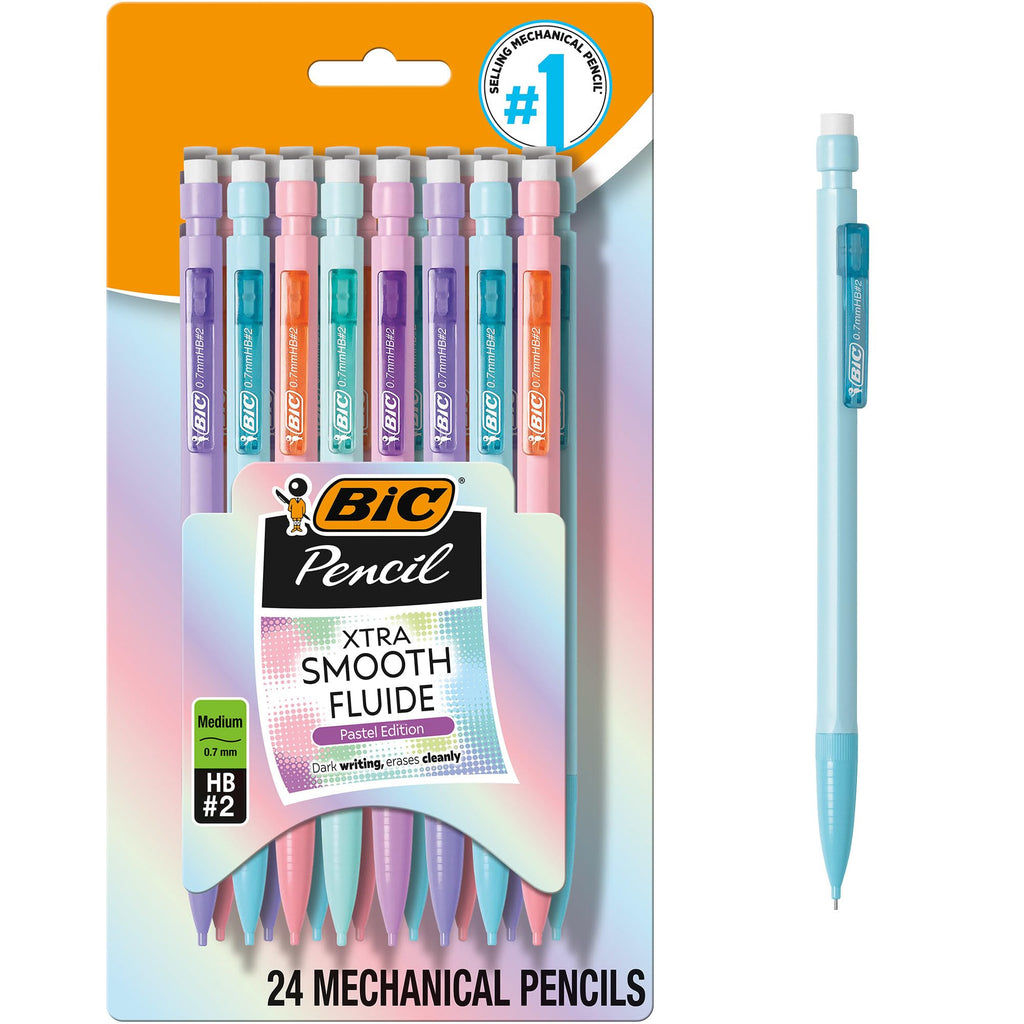 Xtra-Smooth Pastel Mechanical Pencils with Erasers, Medium Point (0.7mm), 24-Count Pack, Bulk Mechanical Pencils for School or Office Supplies