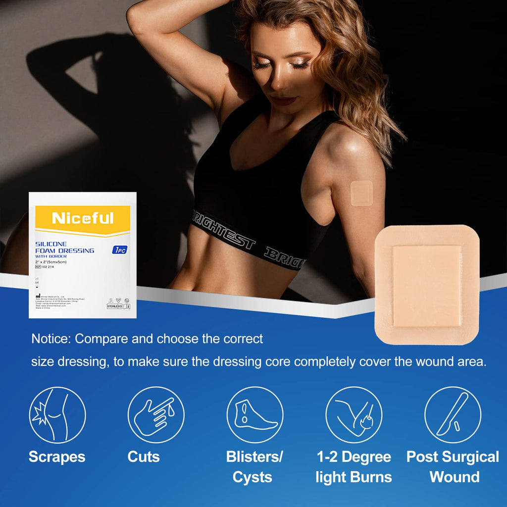 Niceful 20 Packs Silicone Foam Dressing Gentle Border 2x2in, HSA FSA Eligible, Absorbent Silicone Bandages for Wounds, Waterproof Bed Sore Bandages Wound Dressing