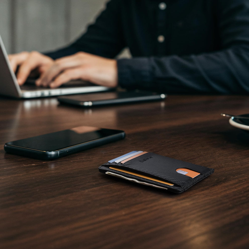 Slim Minimalist Front Pocket RFID Blocking Leather Wallets for Men and Women - Carbon Fiber Black