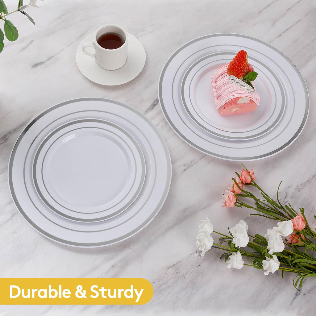 Goodluck 200PCS Silver Plastic Plates, Heavy Duty Disposable Gold Plates with 100 10.25 inch Dinner Plates and 100 7.5 inch Dessert Plates, Disposable Plates for Party, Holiday, Wedding