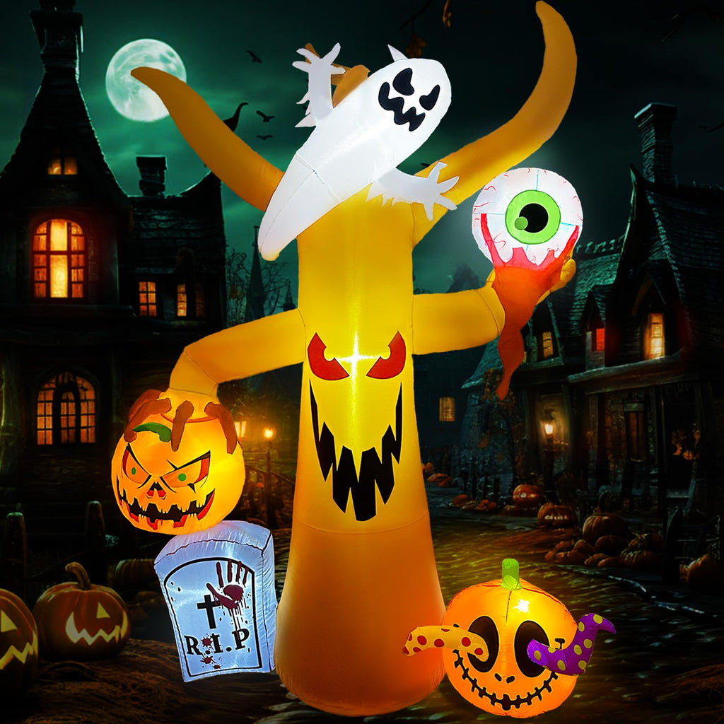 OurWarm 8FT Scary Tree Halloween Inflatables Outdoor Decoration, Blow Up Yard Halloween Decor Inflatable Tree with Ghost, Pumpkin, Tombstone and Eyeball for Garden, Lawn, Halloween Party Decorations
