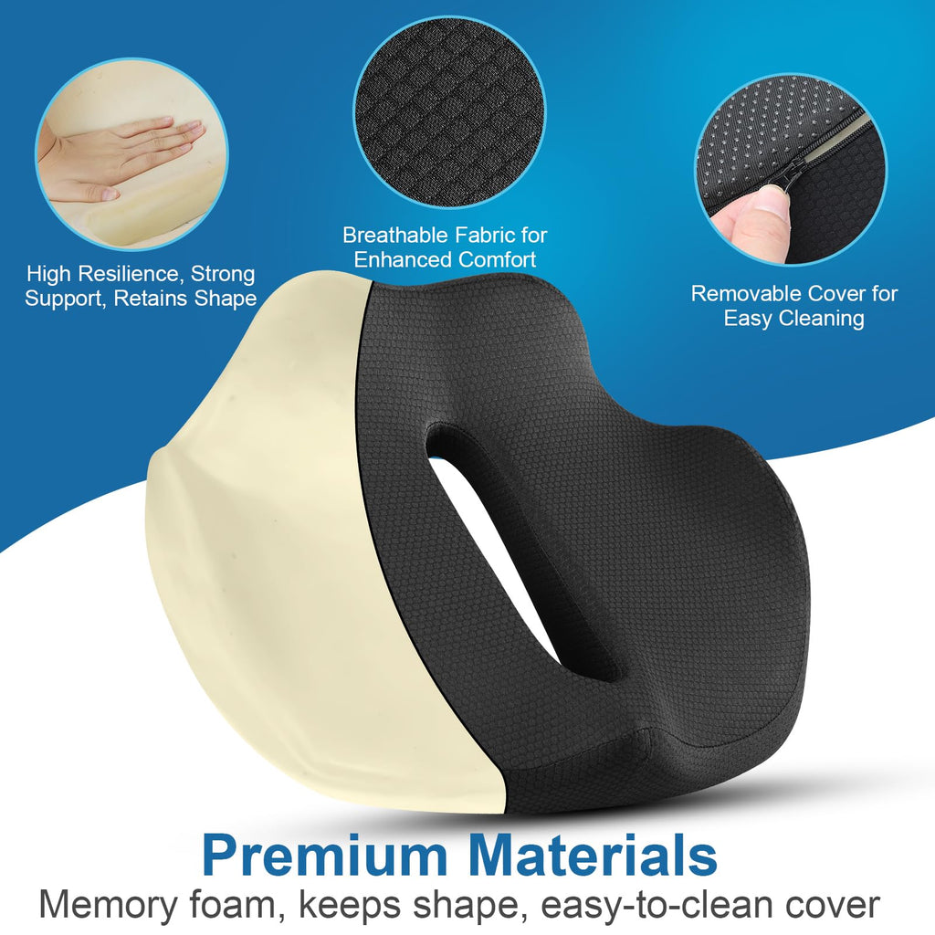 Memory Foam Seat Cushion,Office Chair Cushion,Car Seat Cushion,Tailbone Pain Relief Cushion,Sedentary & Coccyx & Back Pain Relief,Sciatica Support,Non-Slip Cushions,Portable & Washable (Black)