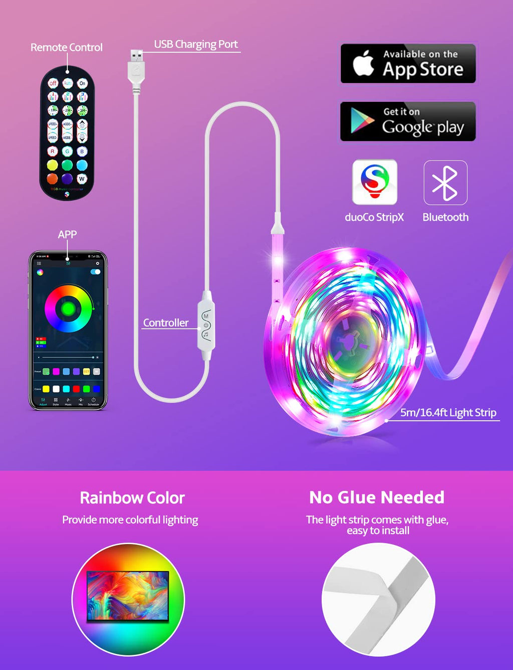 MATICOD LED Lights for TV Led Backlight, 16.4ft RGB Led Strip Lights for TV Lights Behind, USB Led Light Strip for 55-70in TV, Bluetooth APP Control Music Sync Strip Lighting for Christmas Decorations