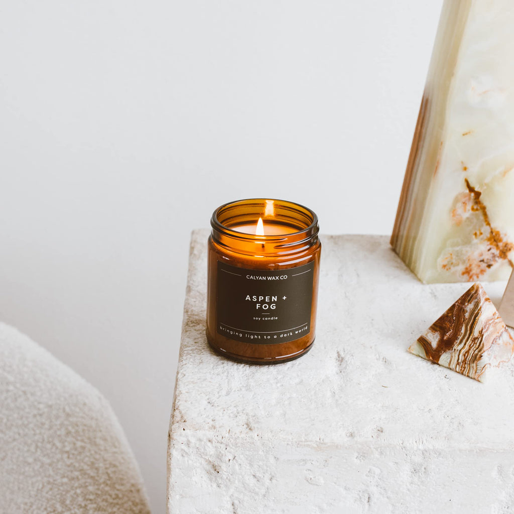 Calyan Wax Soy Wax Candle, Aspen & Fog Scented Candle for The Home | Premium Candle with Essential Oils | 7.2 oz 57 Hour Burn | Soy Candle in Amber Glass Jar | Aromatherapy GIF