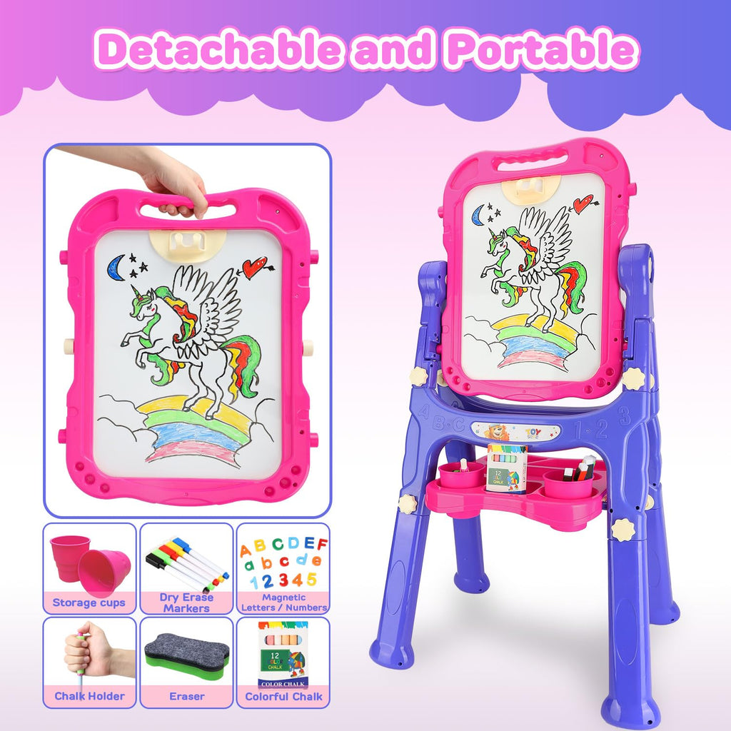 STEAM Life Easel for Kids Art Easel for Toddler Easel - 4in1 Double-Sided Large Magnetic Board Kids Chalkboard Easel Drawing White Board for Kids Magnetic Letters Numbers Christmas Gift for Kids Girls