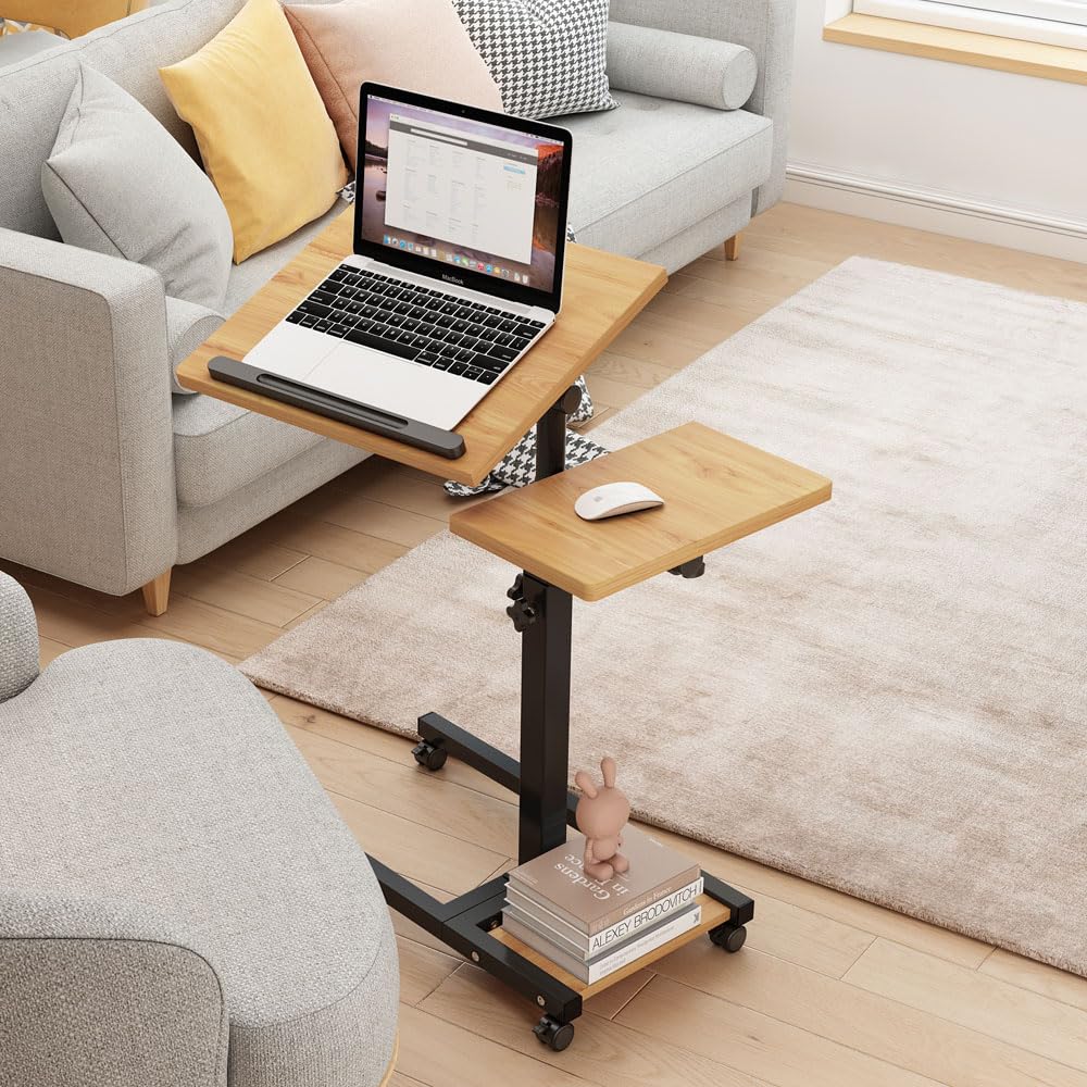 LINGMI Mobile Height Adjustable Laptop Desk with Mouse Pad, Portable Laptop Desk Rolling Tiltable Table with Small Side Table for Couch,Rolling Computer Stand (Natural Color)