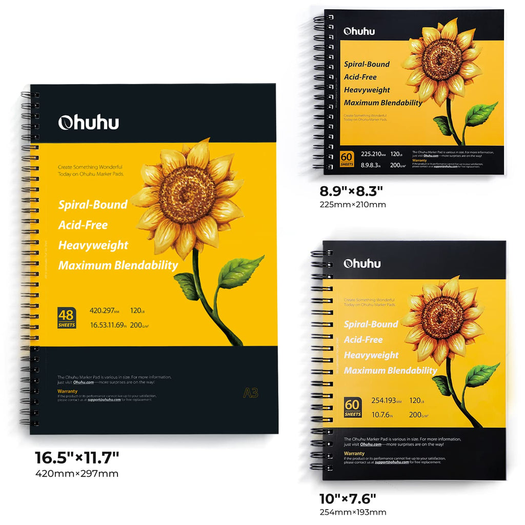 Ohuhu Marker Pads Art Sketchbook, 16.5"x11.7" XL A3 Large Paper Size, 120LB/200GSM Heavy Smooth Drawing Papers, 48 Sheets/96 Pages, Spiral Bound Sketch Book for Alcohol Markers Christmas Gift