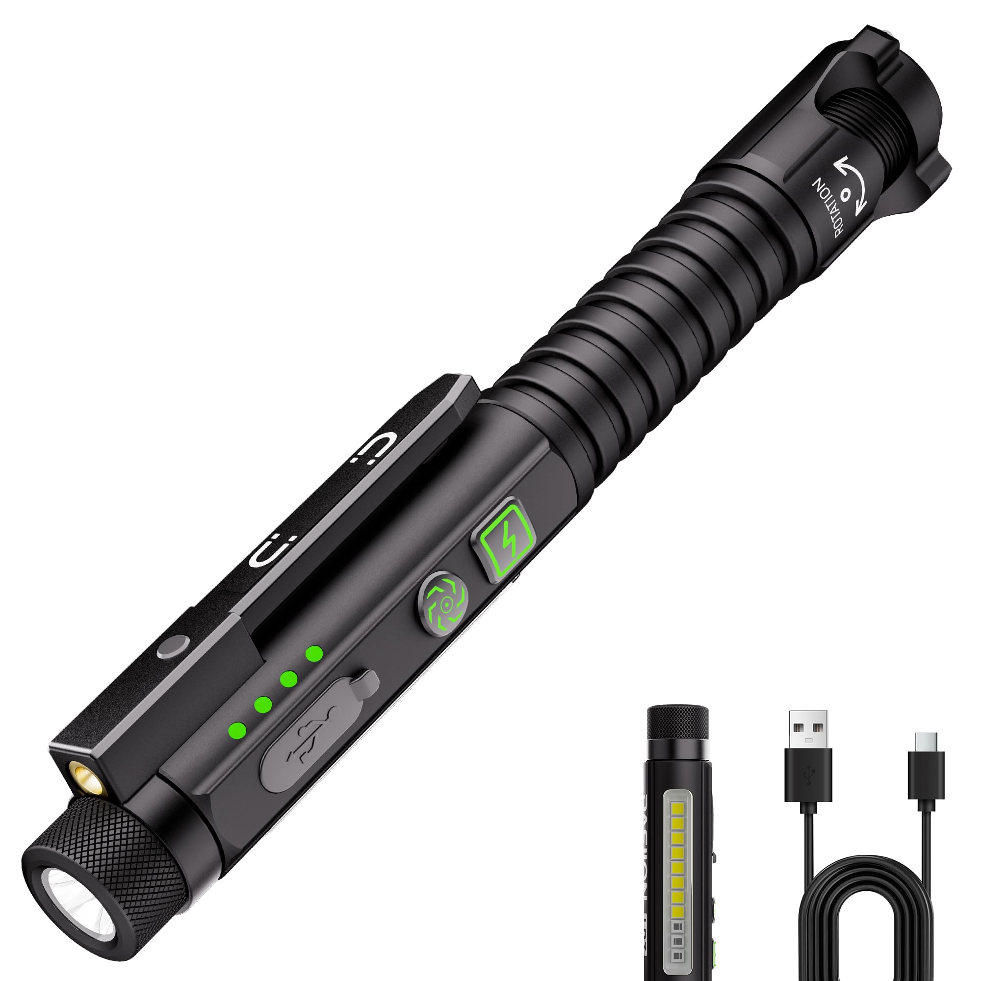 PASIION EDC Flashlight Rechargeable,800 Lumen Small Flashlight with Magnetic Clip & Base, 11 Modes LED Flashlight,Glass Breaker&Bottle Opener, USB-C Flashlight for Working,Home and Emergency