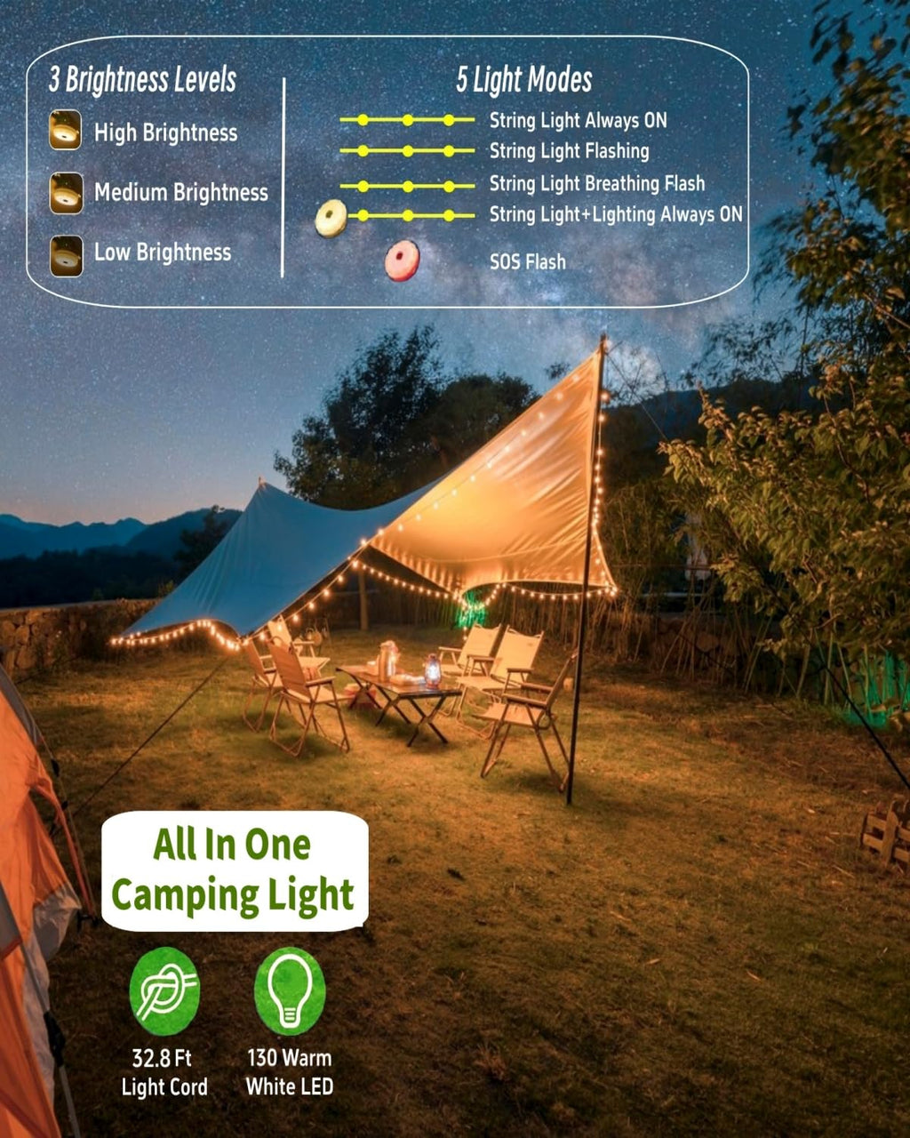 Solar Camping String Lights, 4 in 1 Fairy String Lights, Portable Waterproof Camp Lamp with 8 Lighting Modes, Hanging Rechargeable Tent Lantern for Christmas Decorations Patio Party Essentials-32.8 FT