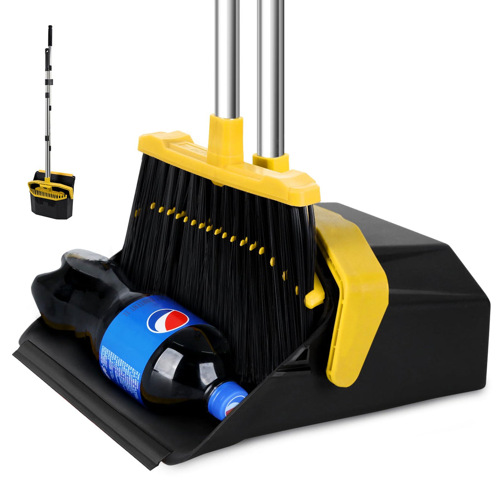 Tiumso Broom with Dustpan Combo Set, Brooms and Dustpans Sets with 51'' Long Handle, Large Dust Pan and Broom, Self-Cleaning Dustpan Teeth for Lobby Kitchen Office - Black and Yellow