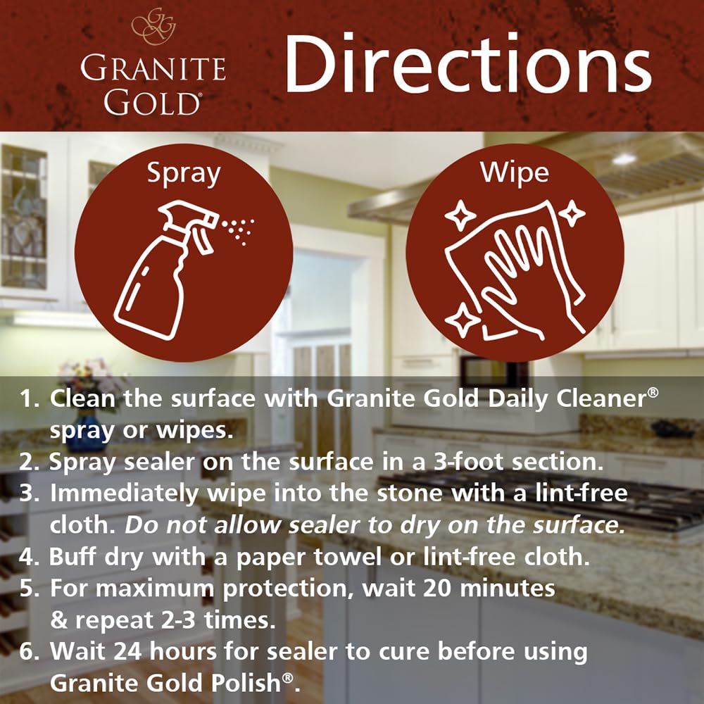 Granite Gold Water-Based Sealer Spray Protection for Granite, Marble, Travertine, Natural Stone Countertops, 64 Fluid Ounces and 24 Fluid Ounces