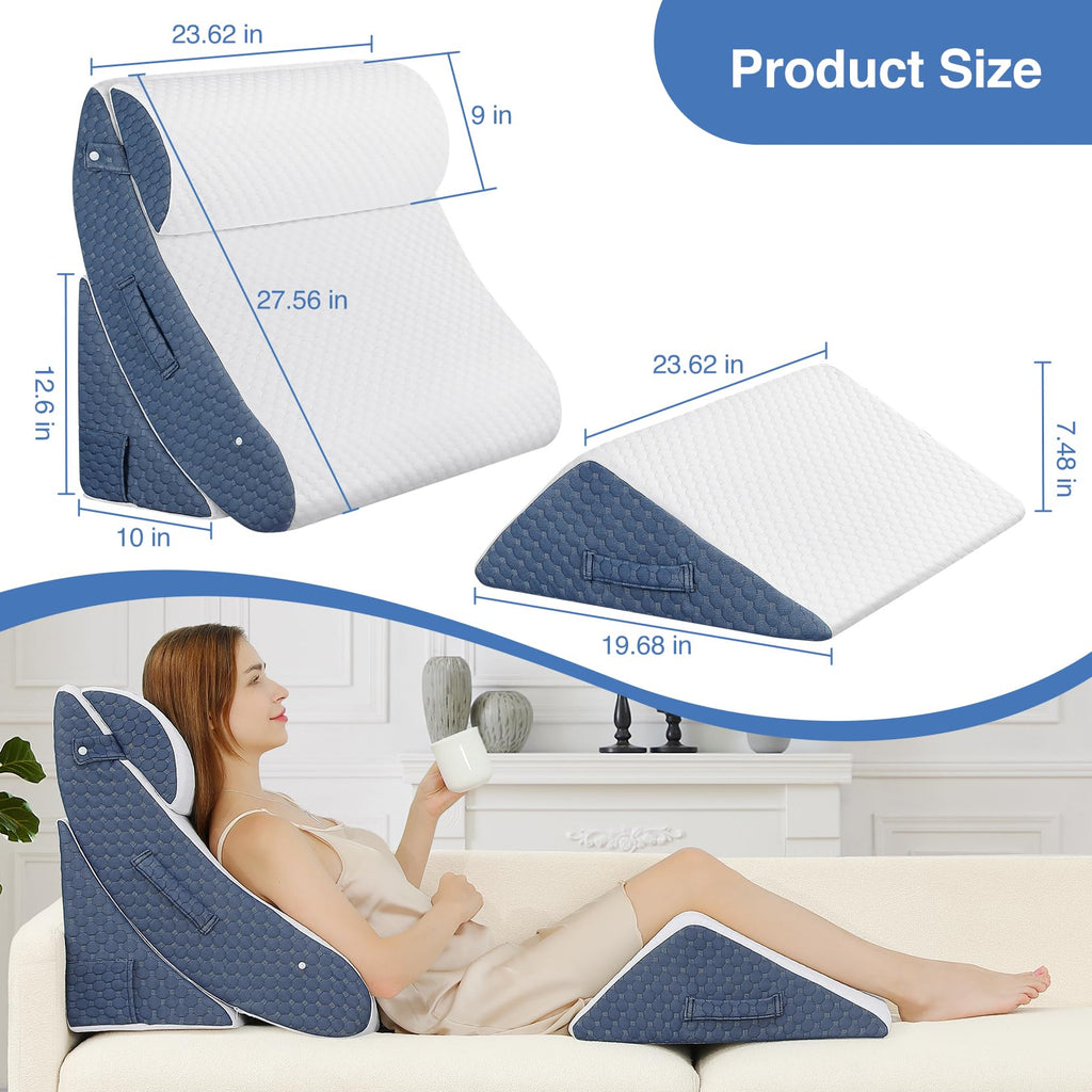 Welzona 4Pcs Orthopedic Bed Wedge Pillow Set for Post Surgery, Gel-Infused Memory Foam Layer Wedge Pillow for Sleep Apnea, Leg, Knee, Back, and Arm Support, Sit up Pillow for Bed