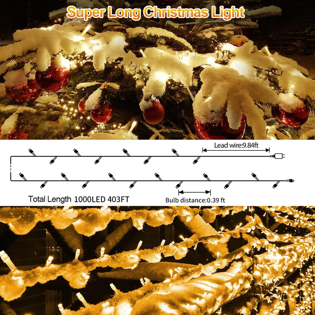 403 FT 1000 LED Christmas Lights Outdoor Decorations Super Long Fairy Lights Waterproof 8 Modes Timer Clear Wire String Lights for Outside House Tree Patio Yard Wedding Party Holiday-Warm White