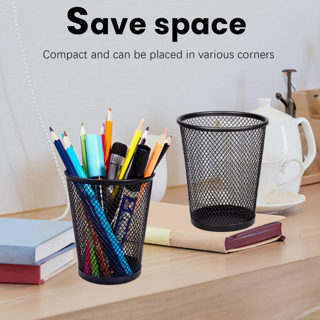 Mesh Pencil Holder Metal Pen Cup Black for Desk, 6 Pack Office Desk Organizer for Business, School & Home