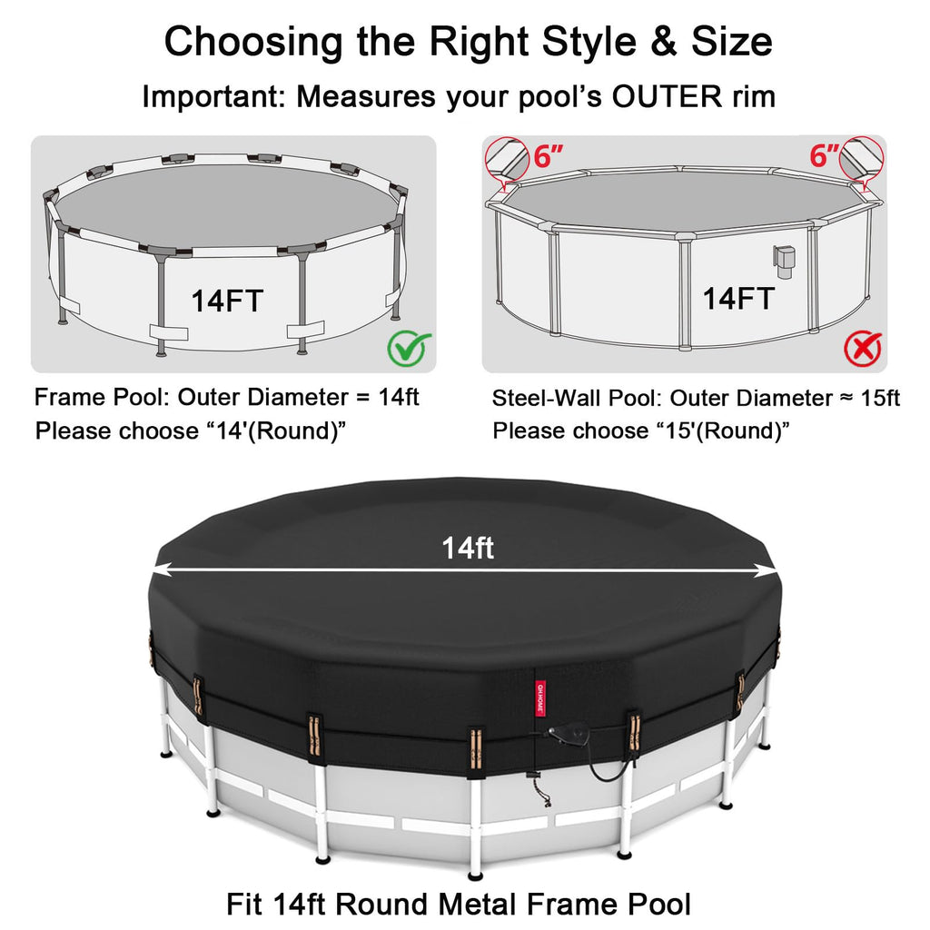QH.HOME 14ft Round Pool Cover,[Ultimate Windproof & Tear-Resistant Fabric],Snug Fit with Patented Ratchet & Weight Rings,Solar Pool Cover for Above Ground Pools, Blocks Leaves &Waterproof