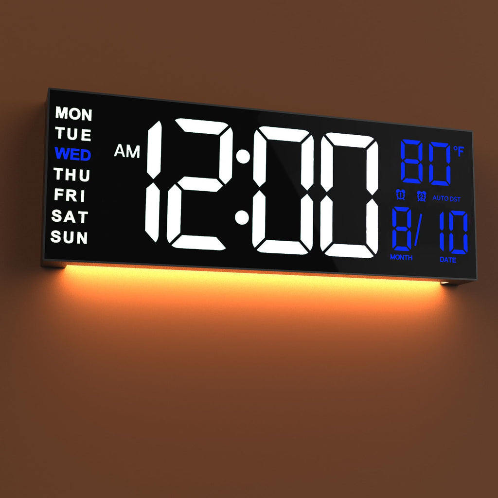 JALL 16" Large Digital Wall Clock Timer, Remote Controll, 2 Alarms, LED Display, 8 RGB Color, Auto DST, Temperature for Living Room, Bedroom, Desk, Mounted, Gift for Elderly (White Blue, 16 inches)