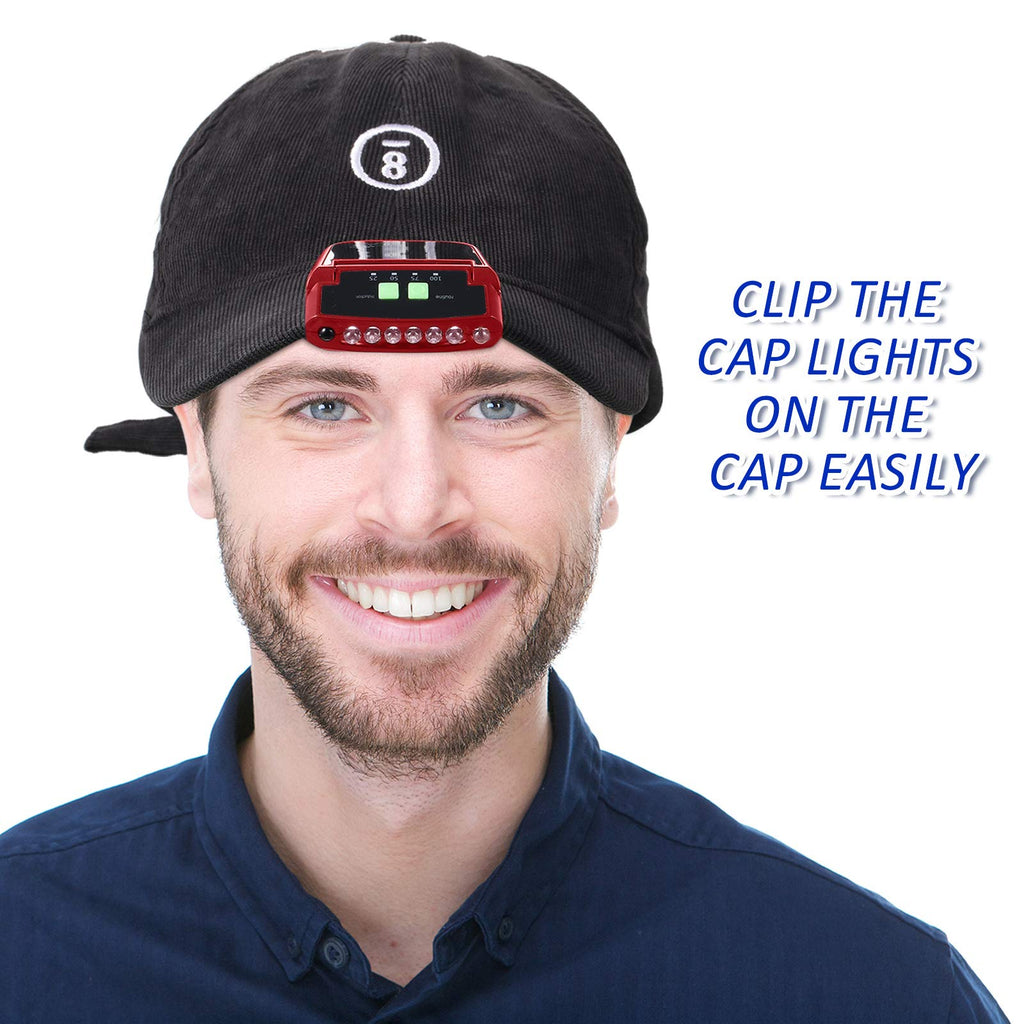 Mudder 2 Pieces LED Clip on Cap Lights USB Rechargeable Cap Flashlight Clip Waterproof Ultra Bright Hat Flashlight Headlamp for Christmas Fishing Camping Hand Work(Black, Red)