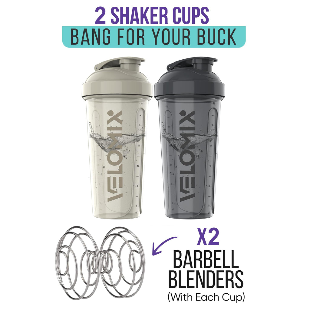 VELOMIX -2 Pack- 28 oz Protein Shaker Bottles for Protein Mixes - 2x Wire Whisk | Leak Proof Shaker Cups for Protein Shakes | Protein Shaker Bottle Pack | Shakers for Protein Shakes-Gray&White