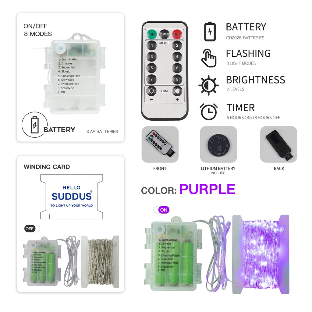 suddus Christmas Fairy Lights Battery Operated, 33ft 100 LED Fairy Lights with Remote, Purple String Lights for Outside, Porch, Home, Backyard, Window, Yard, Garland, Party Decorations
