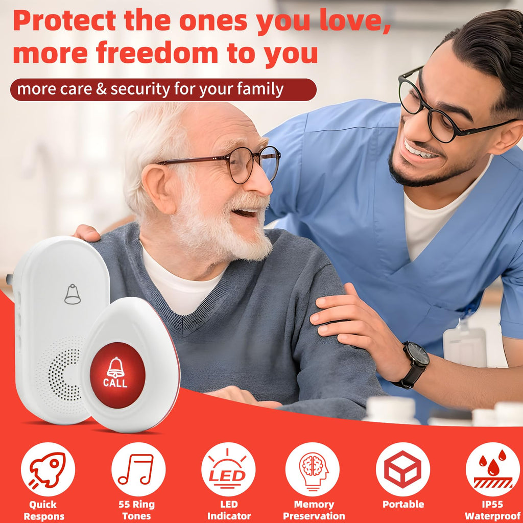 Nestling® Wireless Caregiver Pager SOS Call Button for Elderly Monitoring, Emergency Alert System Call Bell for Nurse Patient Disabled 1 Waterproof Transmitter & 1 Plugin Receiver