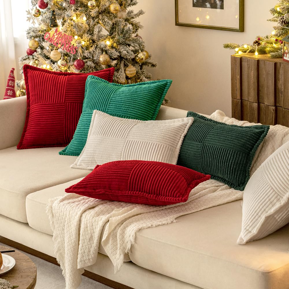 MIULEE Red Corduroy Pillow Covers with Splicing Set of 2 Super Soft Boho Striped Christmas Pillow Covers Broadside Decorative Textured Throw Pillows for Couch Cushion Livingroom 20x20 inch