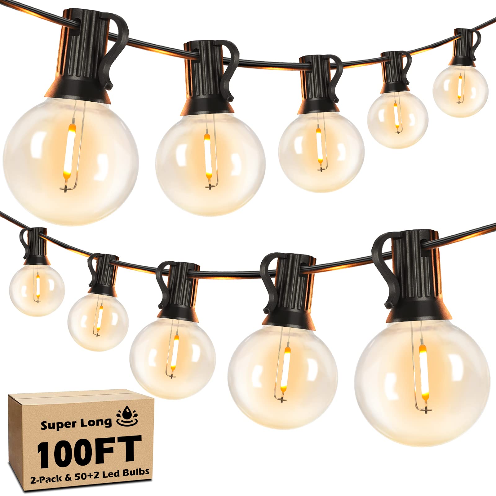 100FT LED Outdoor String Lights Patio Light with 52 Shatterproof G40 Dimmable Globe Bulb, 2-Pack 50FT Waterproof Outside Hanging String Light for Christmas Backyard Porch Balcony Gazebo Party
