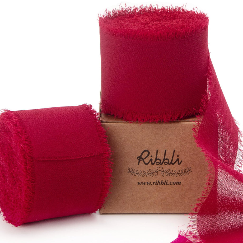 Ribbli Dark Red Chiffon Ribbon 1-1/2 inch x 20 Yard Handmade Fringe Chiffon Silk Ribbon,Dark Red Ribbon for Wrapping, Wedding Invitations, Bridal Bouquets, Home Decor