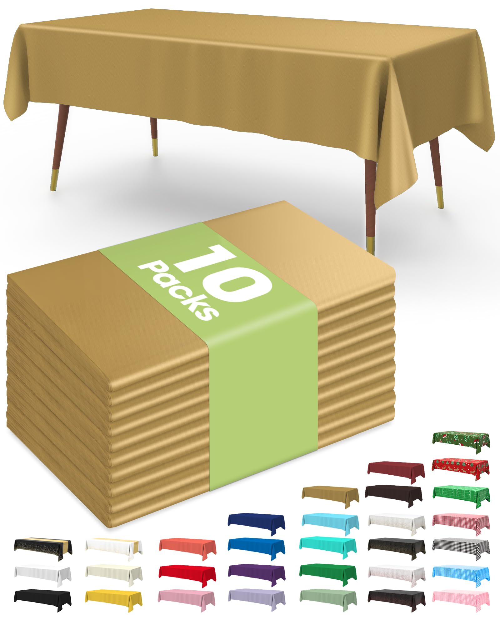 Pureegg Plastic Table Cloth Disposable 10 Pack, 54 x 108 Inch Table Cloths, Graduation Decorations, Thanksgiving, Christmas Tablecloths, Rectangle, Plastic Cover, Leakproof & Sturdy, Gold