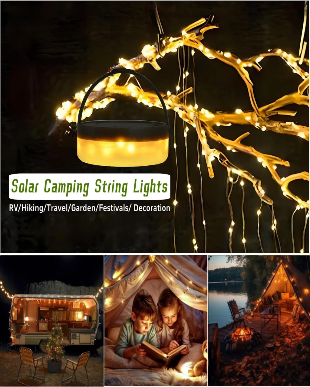 Solar Camping String Lights, 4 in 1 Fairy String Lights, Portable Waterproof Camp Lamp with 8 Lighting Modes, Hanging Rechargeable Tent Lantern for Christmas Decorations Patio Party Essentials-32.8 FT