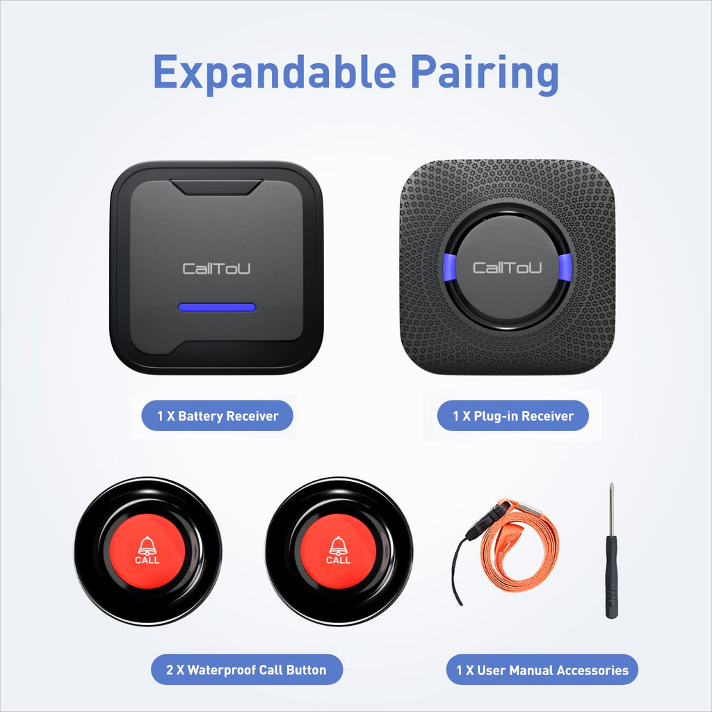 CallToU Wireless Caregiver Pager Call Button Nurse Calling Alert System Call Bell Elderly Patient Disabled with 2 Transmitters 1 Plug-in Receiver 1 Battery Portable Receiver