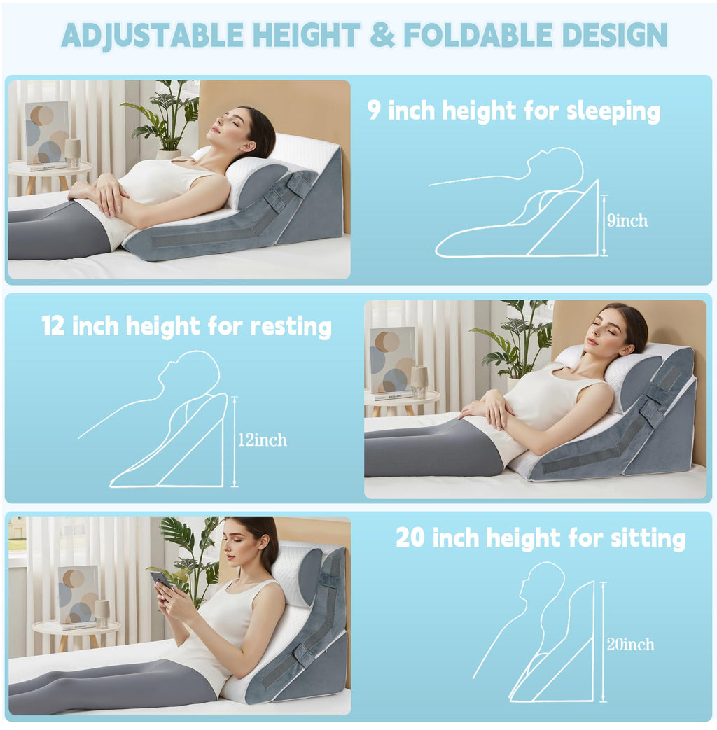 VMFKPNR 3PCS Wedge Pillow for Sleeping, 15-in-1 Orthopedic Bed Wedge Pillow Set Adjustable Memory Foam Wedge Pillow for After Surgery, Acid Reflux, Snoring, Back Pain Relief