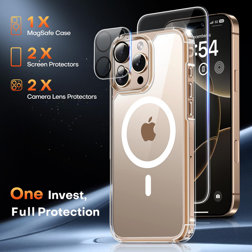 TAURI 5 in 1 for iPhone 16 Pro Case, Compatible with MagSafe [Not-Yellowing] with 2X Screen Protector + 2X Camera Lens Protector, Military-Grade Protection, Magnetic Case for iPhone 16 Pro 6.3", Clear