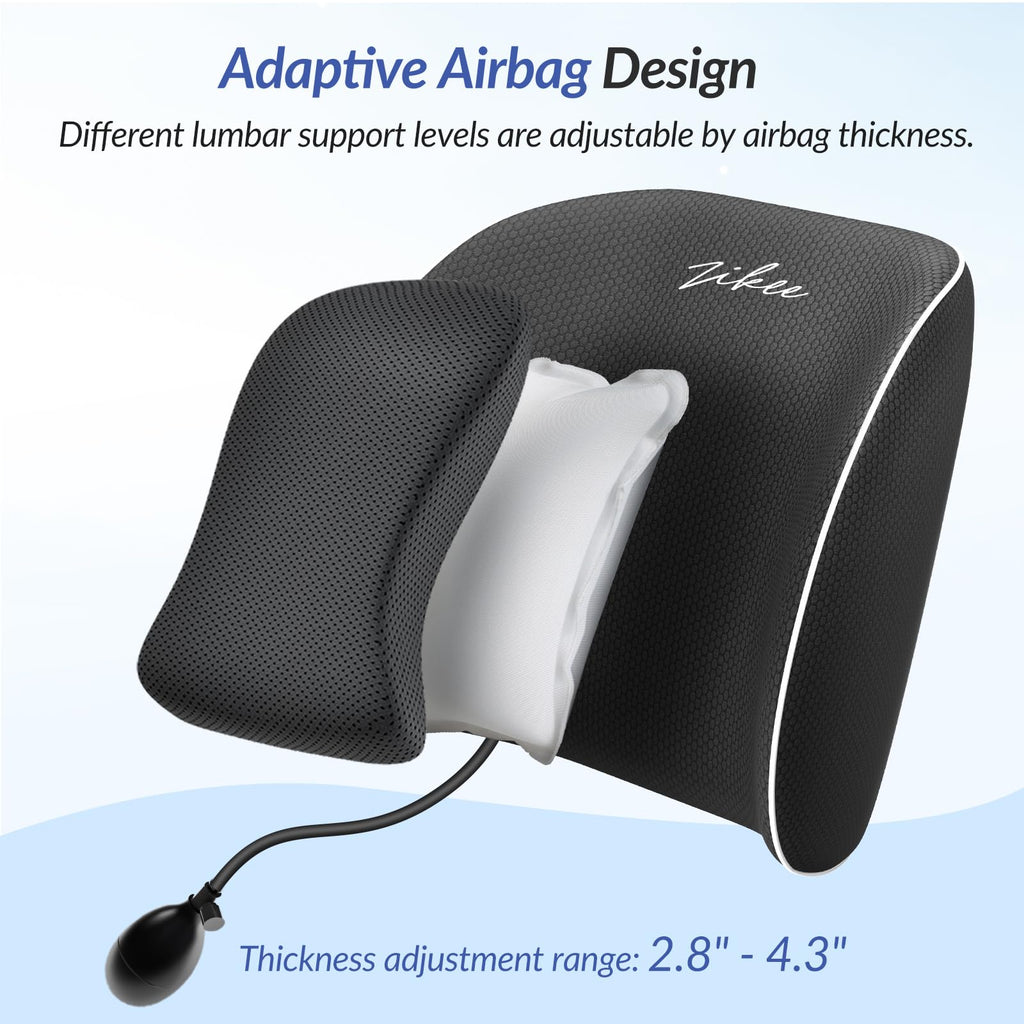 ZIKEE Airbag Lumbar Support Pillow for Office Chair and Car Seat, Adjustable Memory Foam Lumbar Pillow for Contoured Lower Back Support & Pain Relief, Lower Back Cushion with Dual Straps & Airy Fabric