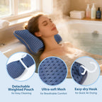 HUGABOW 2-Pack Large Pillows for Hot Tub (Blue), Spa & Chaise Lounge – Universal Headrest & Neck Support Cushion with Removable Weighted Pouch, Long Strap for Height Adjustment & Easy-Dry Hook