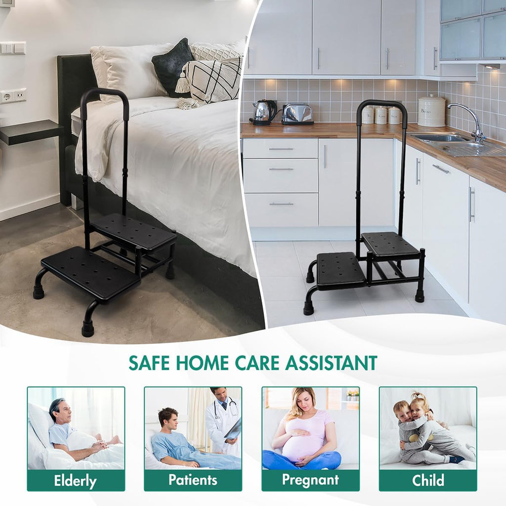 Gyykzz 2 Step Stool with Handle for Elderly, Heavy Duty Medical Step Stool with Adjustable Handrail and Non-Slid Platform for Adults, Seniors and Handicap, Bed Steps for High Beds Holds up to 400LBS