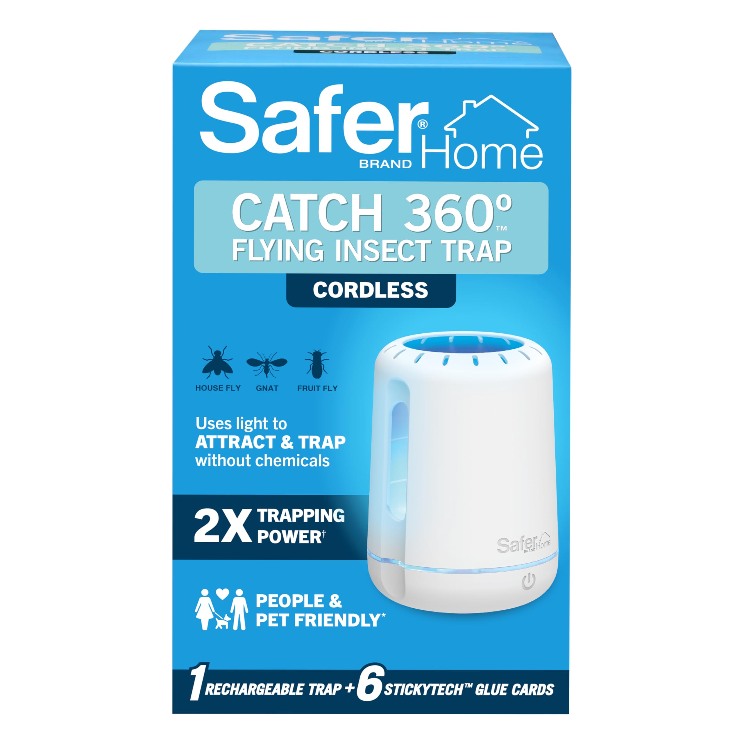 Safer Home Catch 360° Cordless Flying Insect Trap, UV LED Light, Chemical-Free, 10 Day Rechargeable Battery, Effective Fruit Fly Traps for Indoors, Gnat Traps for House Indoor, 1 Device + 6 Glue Cards